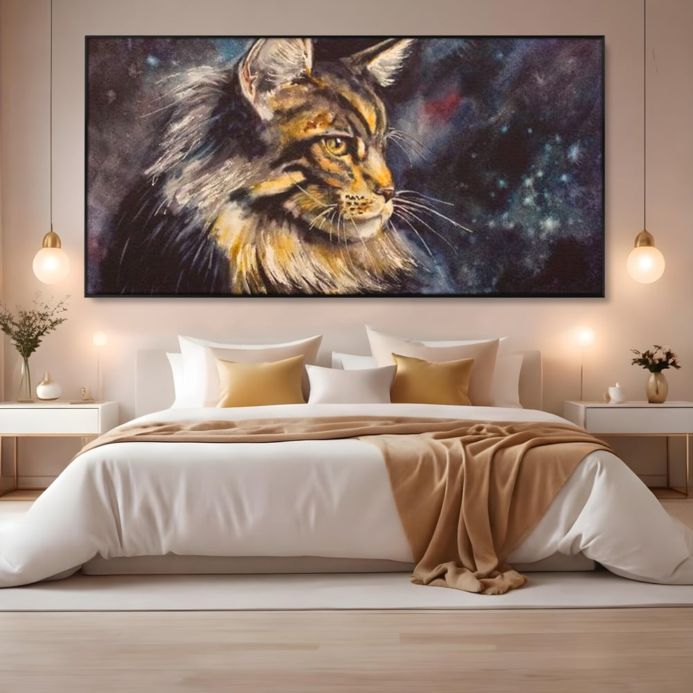 Tablou canvas cu tablou canvas cu pisica in galaxie, in rama de aluminiu negru, pe perete intr-un dormitor